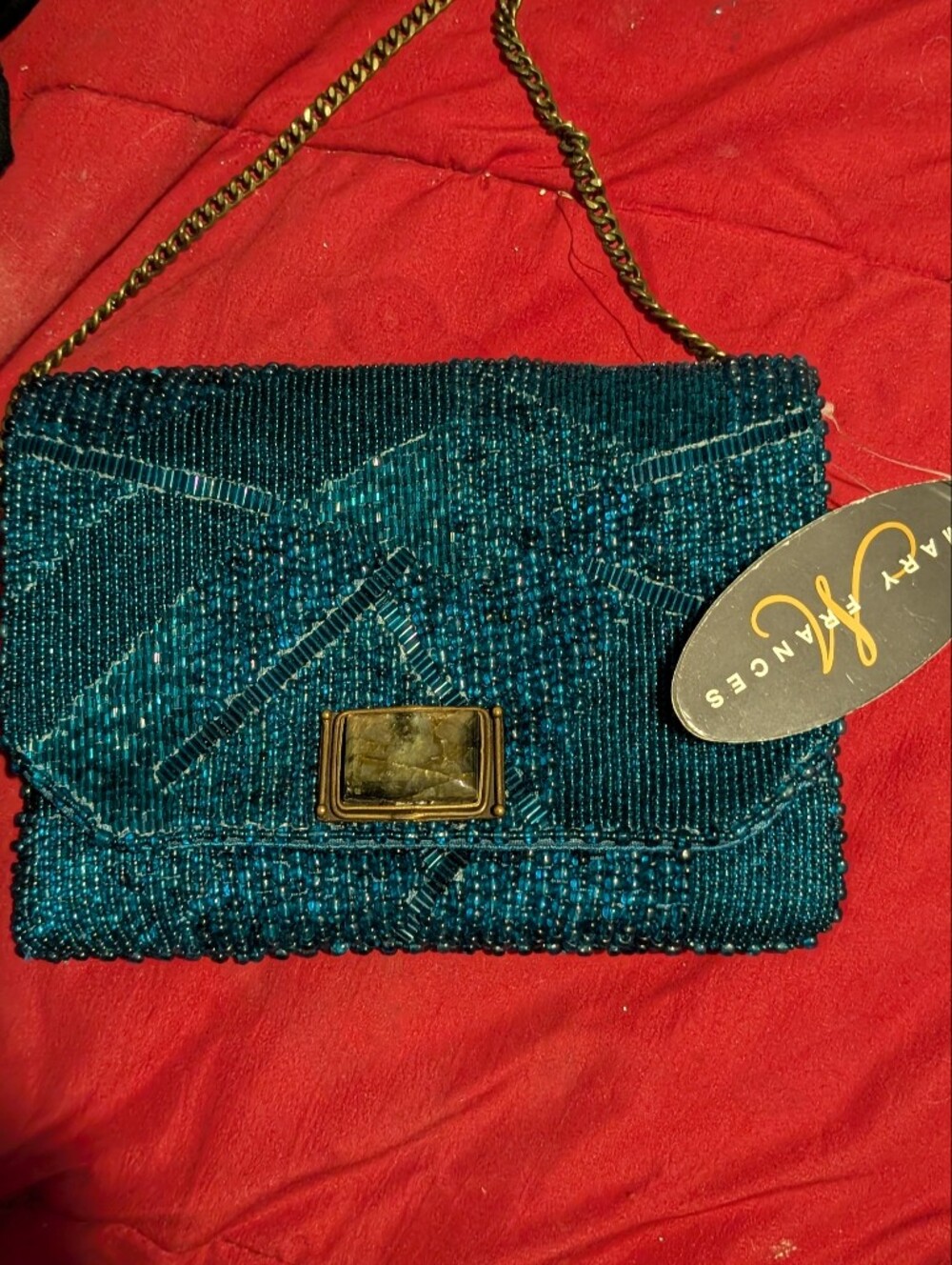 Mary Frances Teal and Burgundy Beaded Evening Clutch